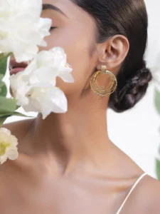 8K Gold-Plated Stainless Steel Tarnish-Free Waterproof Multi-Ring Textured Hoop Drop Earring - Image 2