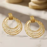 8K Gold-Plated Stainless Steel Tarnish-Free Waterproof Multi-Ring Textured Hoop Drop Earring