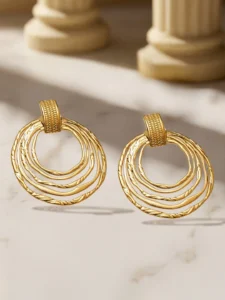 8K Gold-Plated Stainless Steel Tarnish-Free Waterproof Multi-Ring Textured Hoop Drop Earring