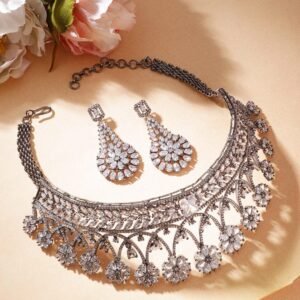 Silver-Plated Floral Design with AAA Cubic Zirconia Studded Luxury Premium Jewellery Set